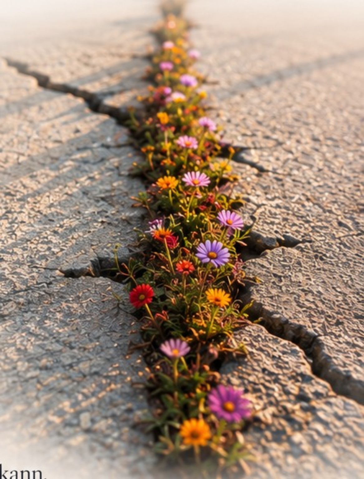 Bunte Blumen wachsen aus einem Riss im trockenen Boden